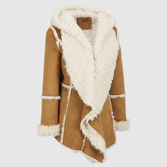 Women's Brown Fur Suede Overcoat with Hood - Shearling Jacket!