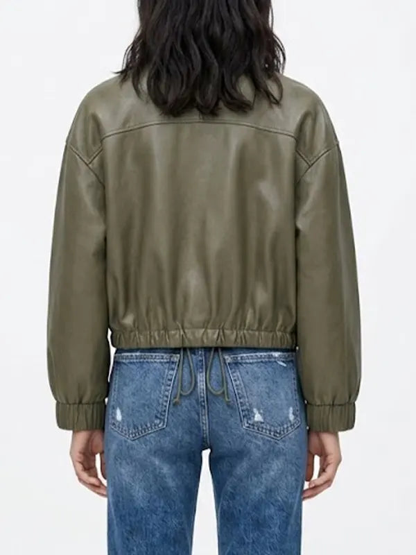 Women Green Oversized Real Leather Bomber Jacket
