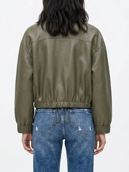 Women Green Oversized Real Leather Bomber Jacket