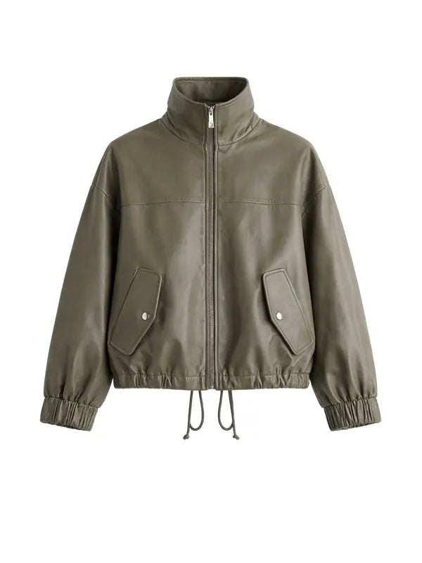 Women Green Oversized Real Leather Bomber Jacket