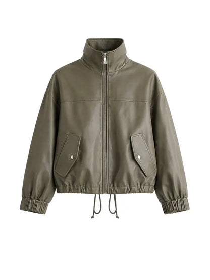 Women Green Oversized Real Leather Bomber Jacket