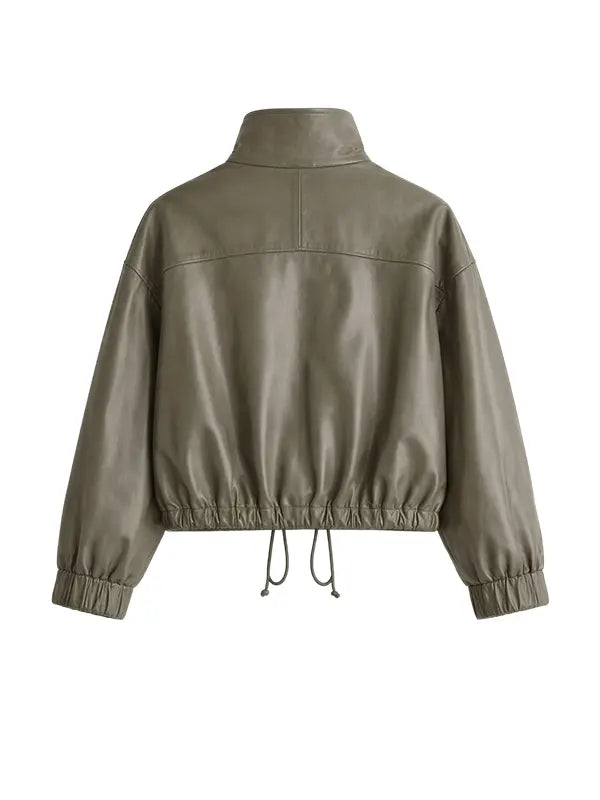 Women Green Oversized Real Leather Bomber Jacket