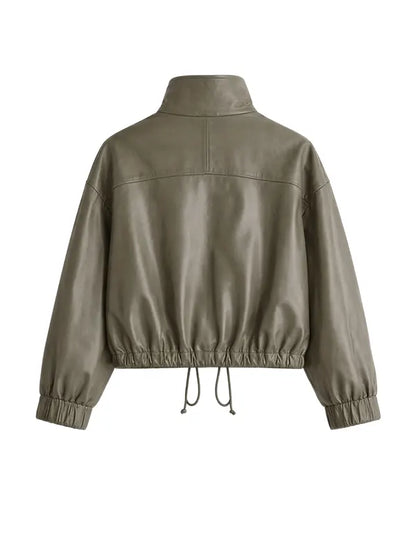 Women Green Oversized Real Leather Bomber Jacket
