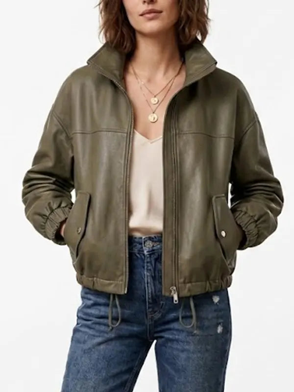 Women Green Oversized Real Leather Bomber Jacket