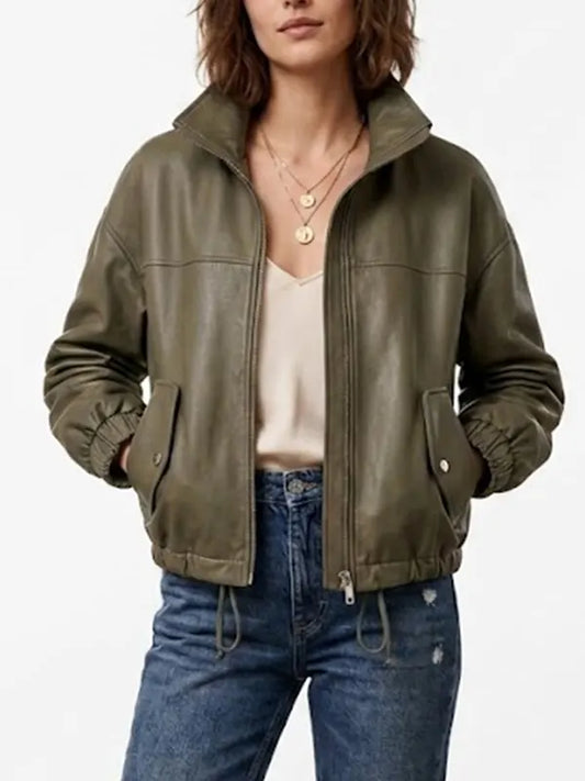 Women Green Oversized Real Leather Bomber Jacket