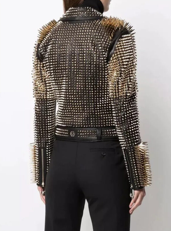 Women Jacket Punk Style Long Spiked Studded Biker Jacket