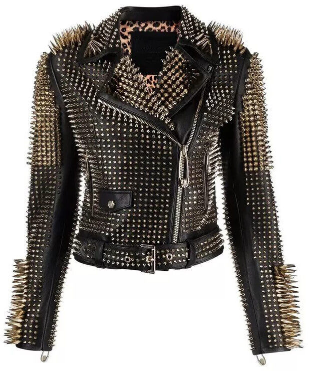 Women Jacket Punk Style Long Spiked Studded Biker Jacket