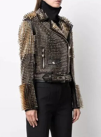 Women Jacket Punk Style Long Spiked Studded Biker Jacket