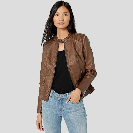 Women's Moto Leather Jacket with Zip Pockets