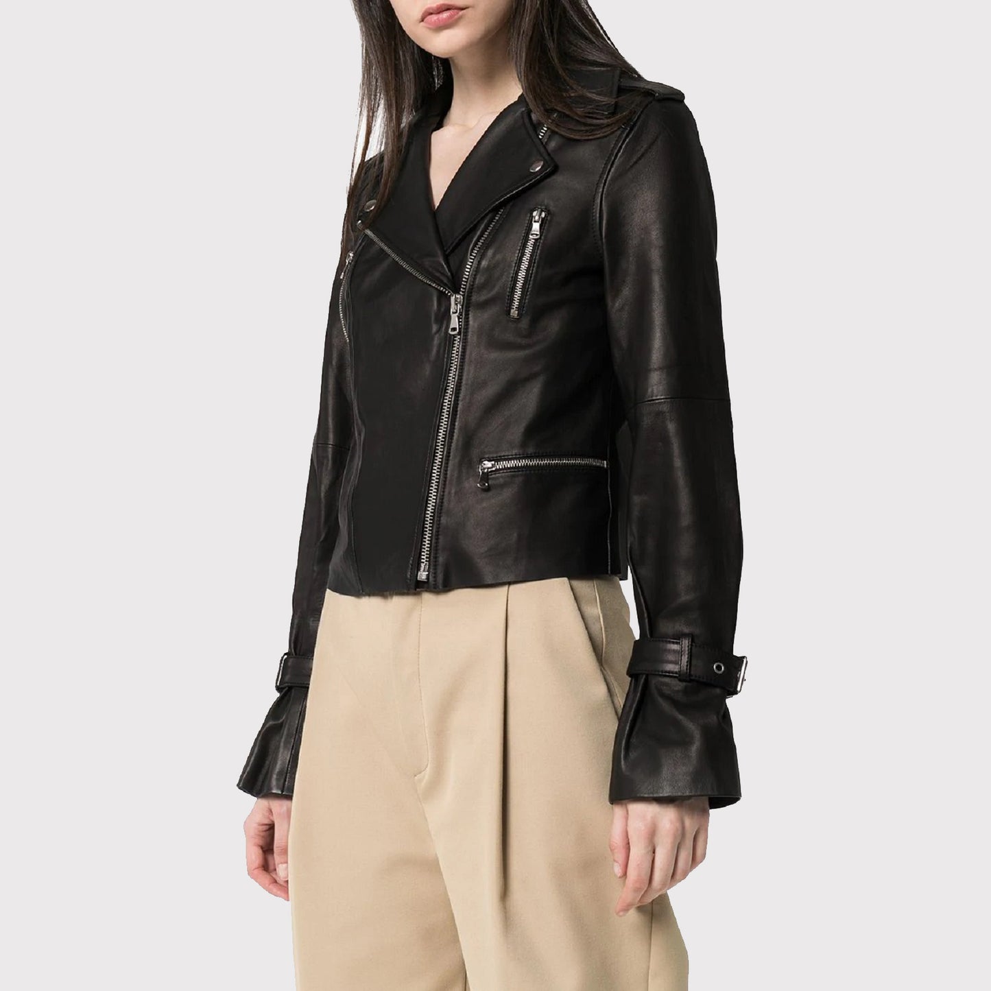 Women Petite Black Leather Asymmetrical Jacket