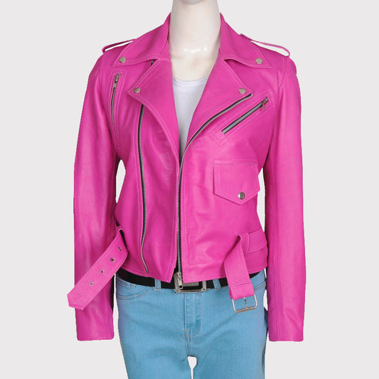 Women's Pink Leather Jacket - Chic and Vibrant Elegance