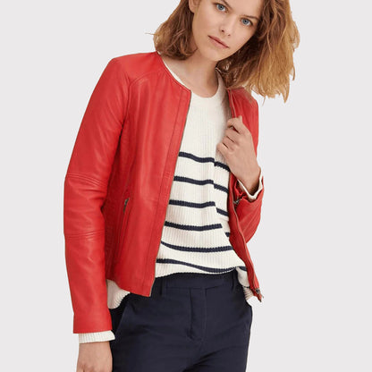women red leather jacket closeup