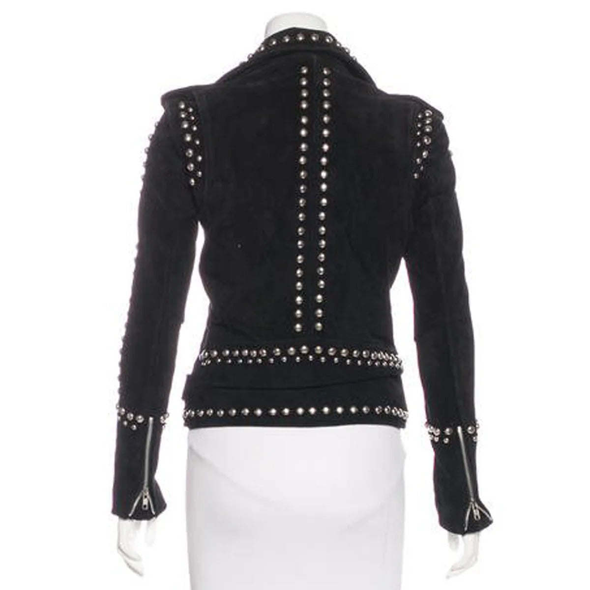 women studded black suede leather moto jacket