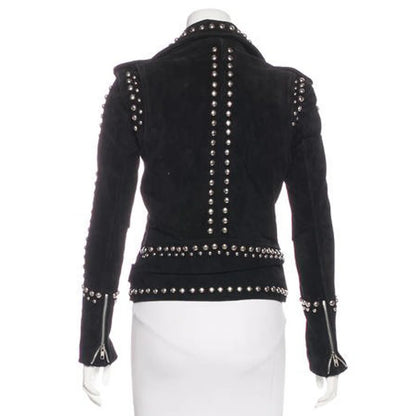 women studded black suede leather moto jacket