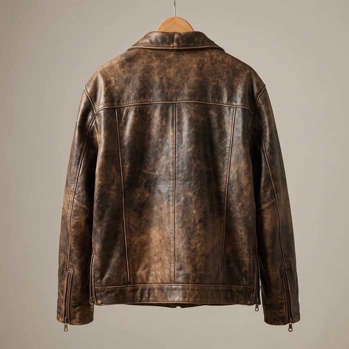 Women's A2 leather flight jacket in distressed brown lambskin with fitted waist back view