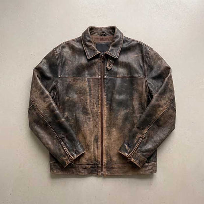 Women's A2 leather flight jacket in distressed brown lambskin with fitted waist front view