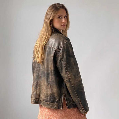 Women's A2 leather flight jacket in distressed brown lambskin with fitted waist side view