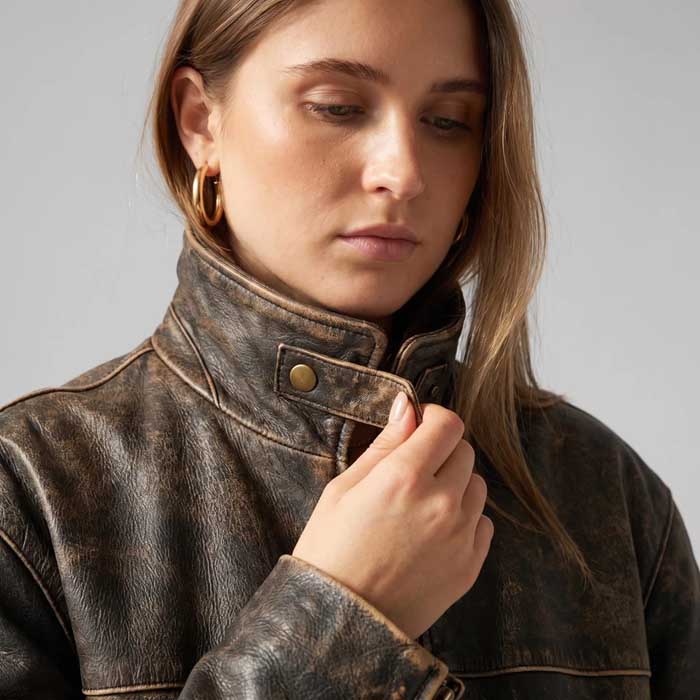 Women's A2 leather flight jacket in distressed brown lambskin with fitted waist zoom view