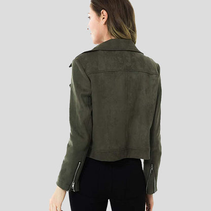 Women's Army Green Suede Motorcycle Jacket | Zipper Short Coat