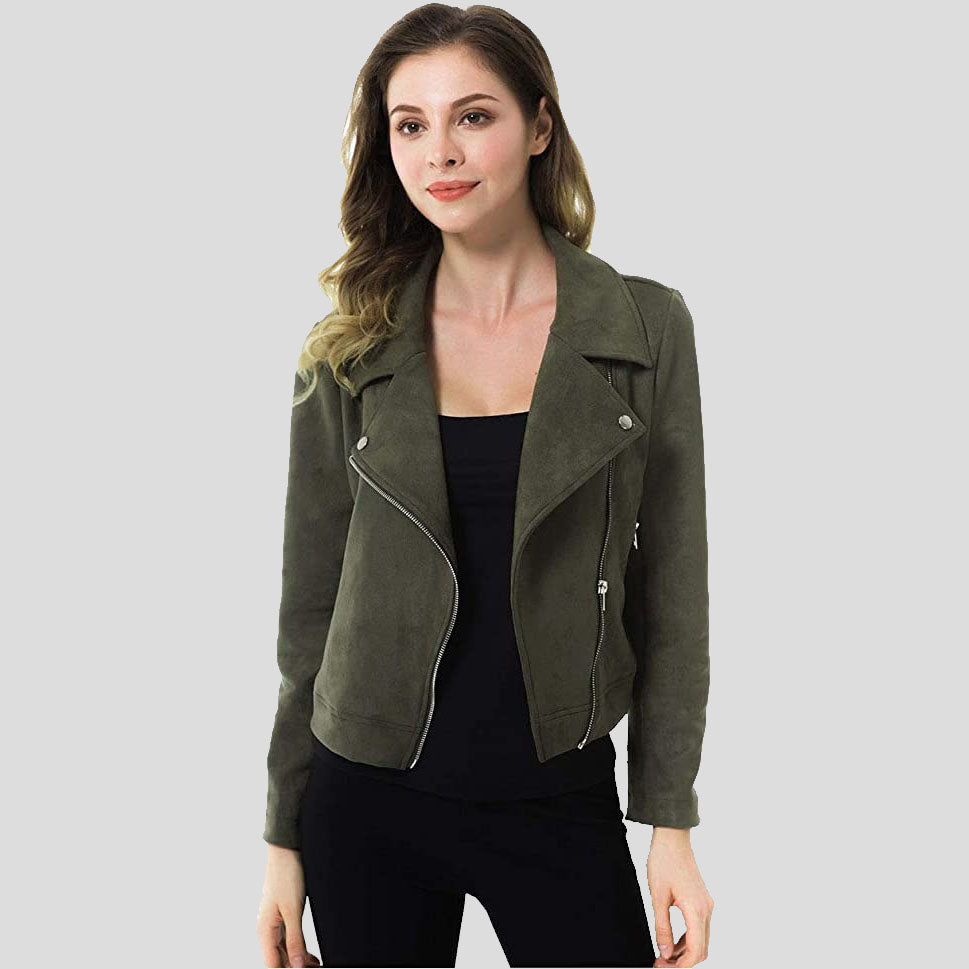 Women's Army Green Suede Motorcycle Jacket | Zipper Short Coat