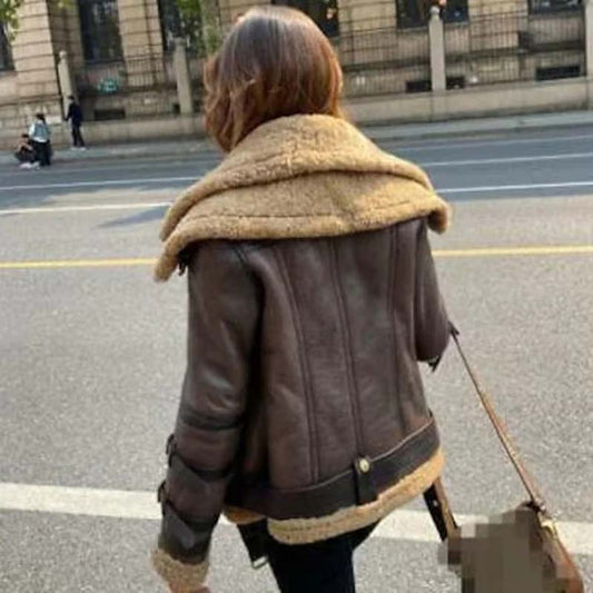 back view of women’s RAF shearling bomber jacket in brown leather