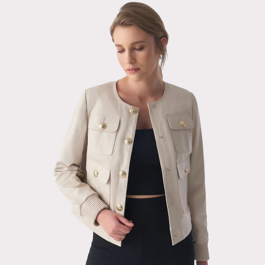 Women's Beige Collarless Stunning Studs Closure Leather Jacket