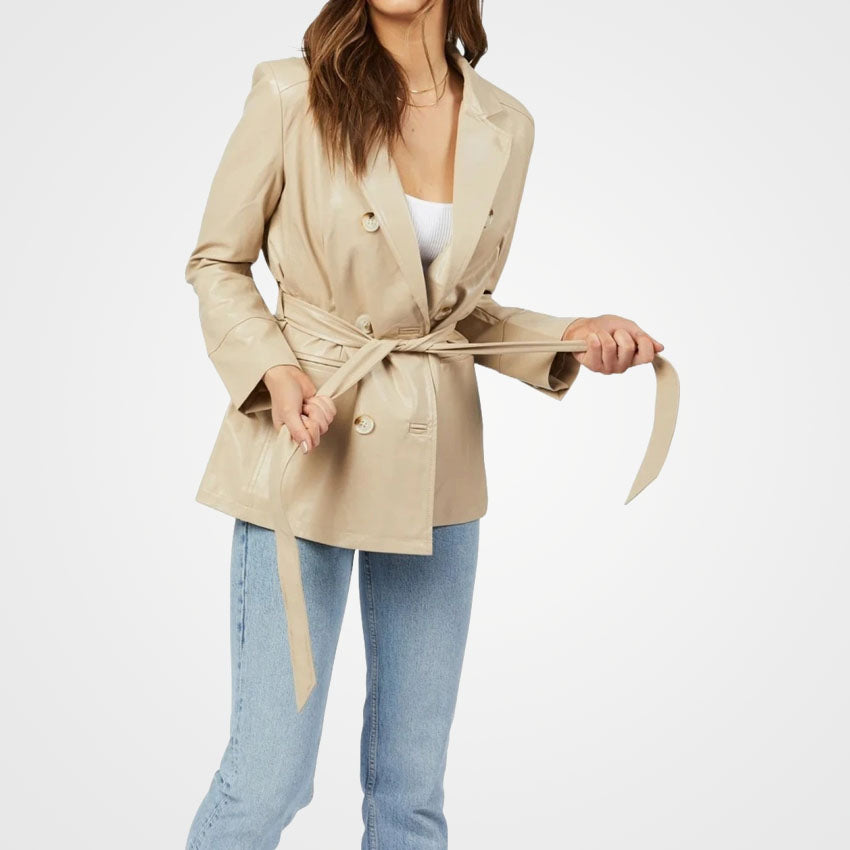 Women’s Beige Double-Breasted Leather Coat