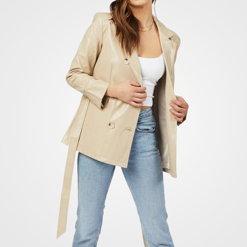 Women’s Beige Double-Breasted Leather Coat