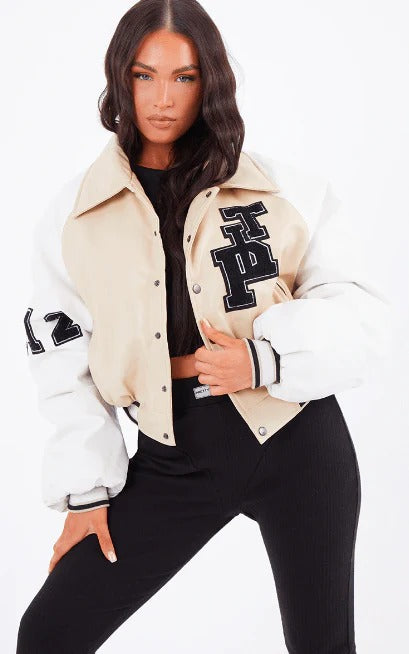 Women's Beige Varsity Leather Bomber Jacket