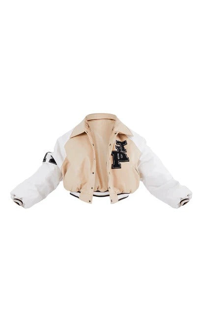 Women's Beige Varsity Leather Bomber Jacket