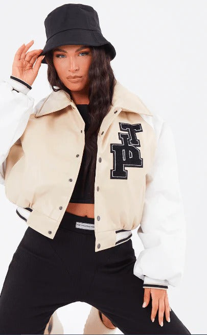 Women's Beige Varsity Leather Bomber Jacket