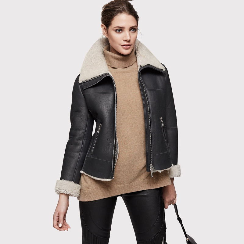 Women's Black Aviator Shearling Jacket