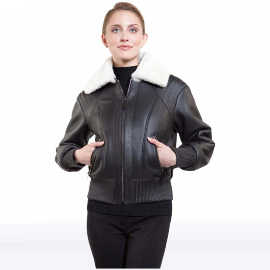 Women’s Black B3 Leather Jacket with White Shearling