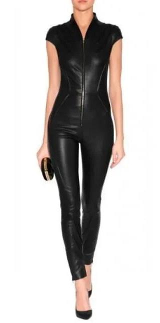 Women's Black Bodycon Leather Jumpsuit