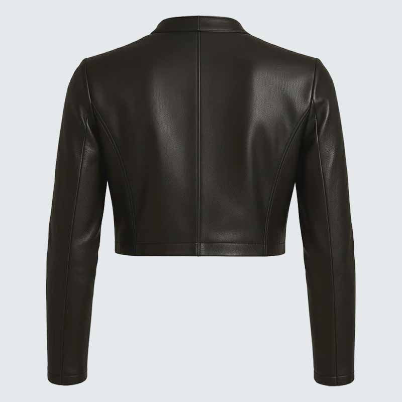 Women's Black Leather Cropped Bolero Jacket with Round Neck
