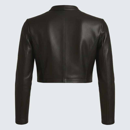 Women's Black Leather Cropped Bolero Jacket with Round Neck
