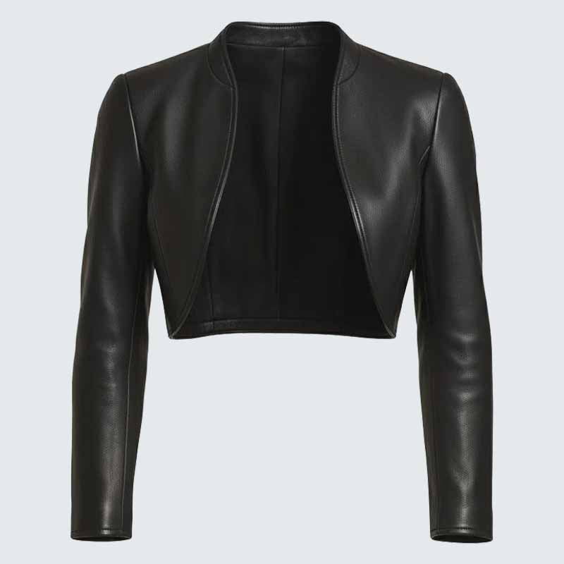 Women's Black Leather Cropped Bolero Jacket with Round Neck