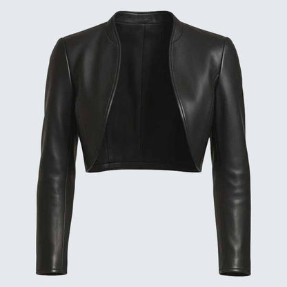 Women's Black Leather Cropped Bolero Jacket with Round Neck