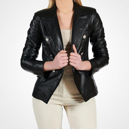 Women’s Black Double-Breasted Leather Coat