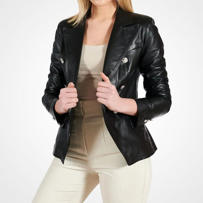 Women’s Black Double-Breasted Leather Coat