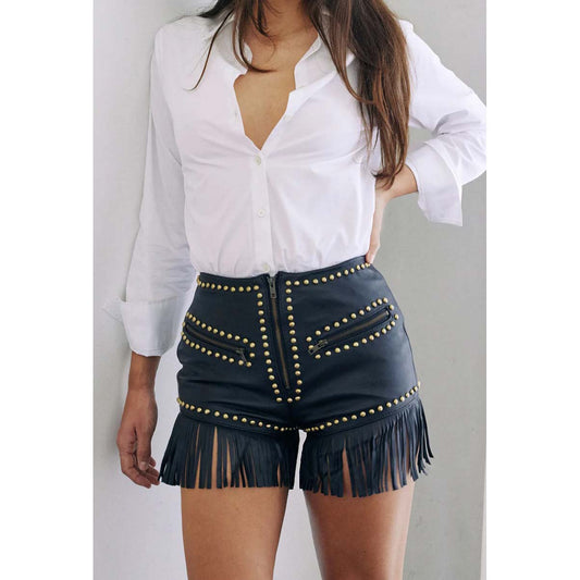 Women's Black Hand-Cut Fringe Naked Leather Shorts