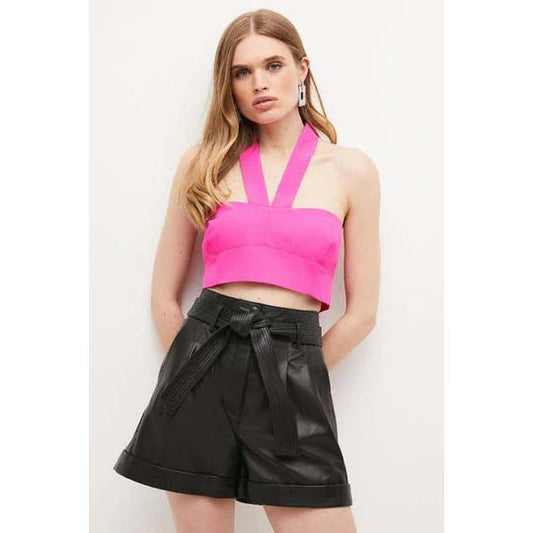 Women's Black High-Waist Belted Leather Shorts