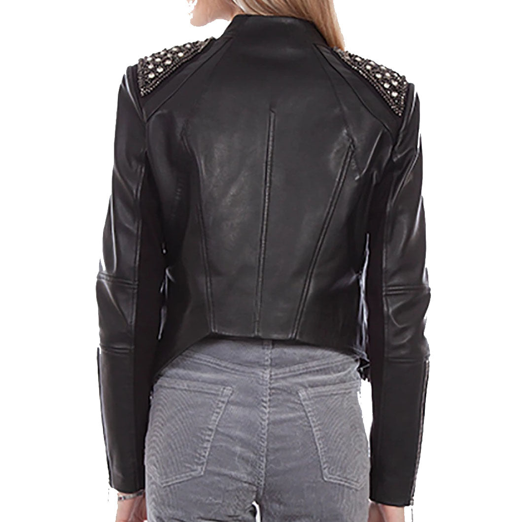 Women's Black Lamb Leather Fringe Studded Jacket