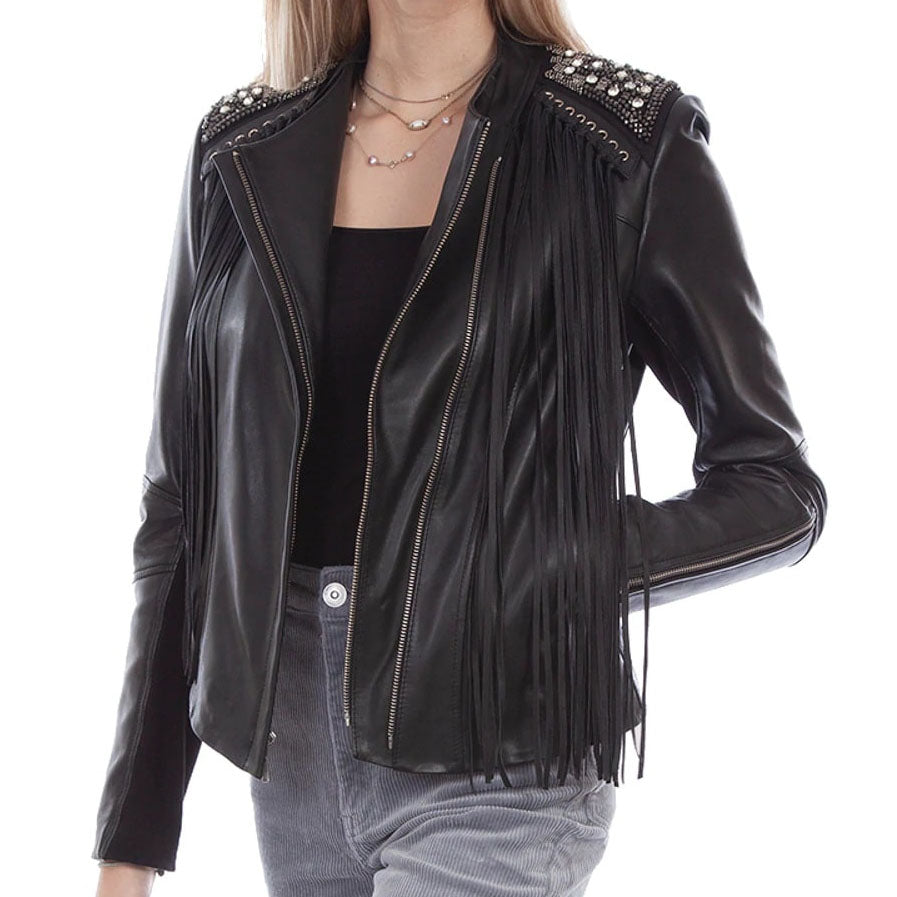 Women's Black Lamb Leather Fringe Studded Jacket