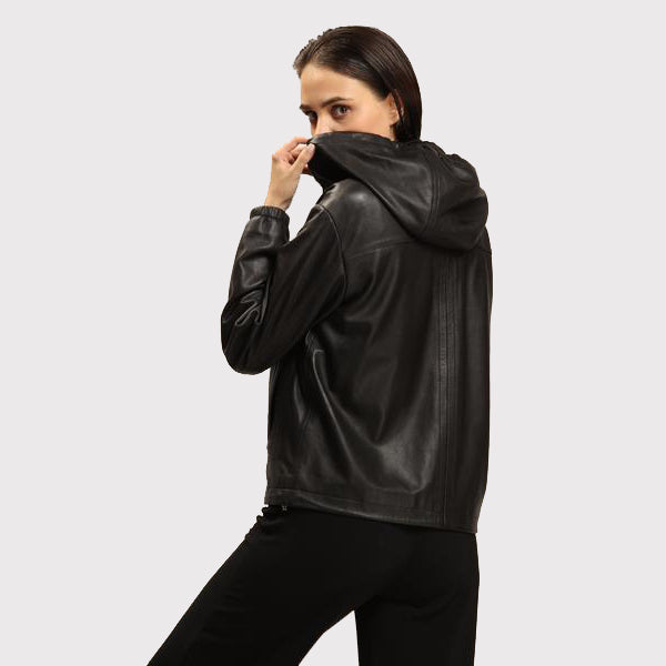 Women's Black Lambskin Leather Jacket with Detachable Hood