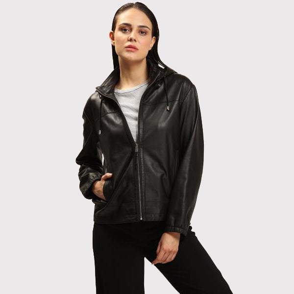 Women's Black Lambskin Leather Jacket with Detachable Hood