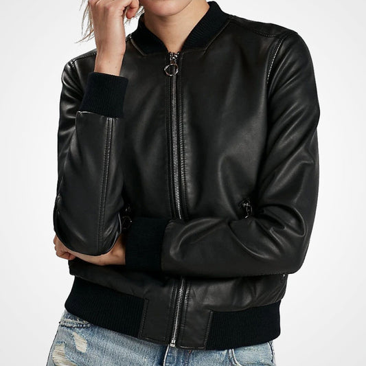 Women's Classic Black Lambskin Leather Bomber Jacket