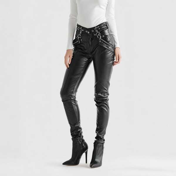 Womens Black Lambskin Leather High Waist Pants