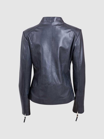 New Design Women's Black Leather Biker Jacket with Zipper and Lapel Collar