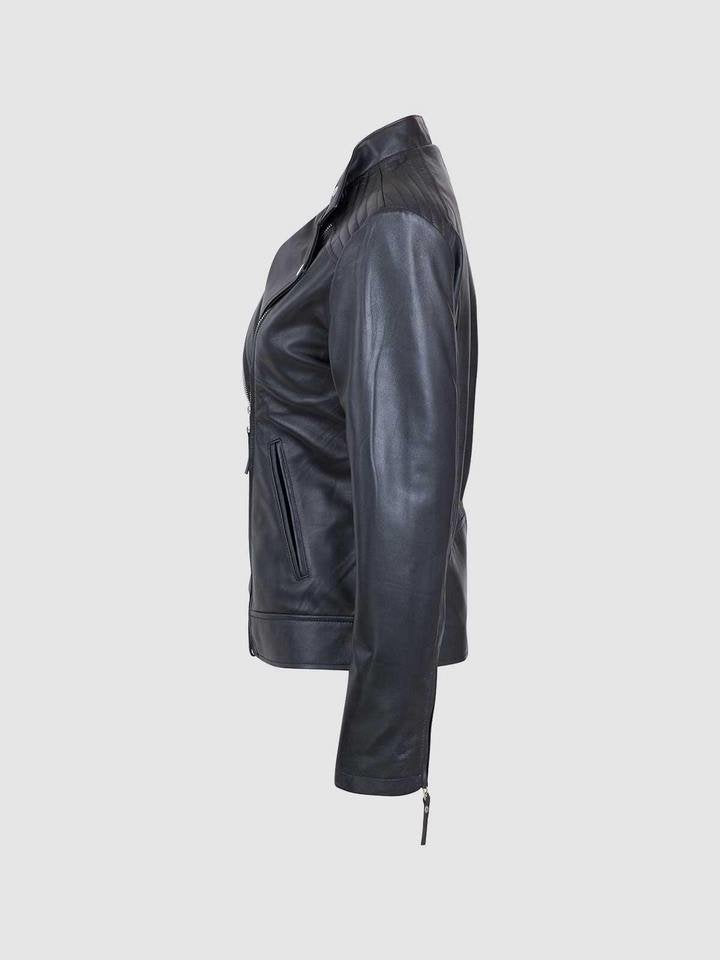 New Design Women's Black Leather Biker Jacket with Zipper and Lapel Collar